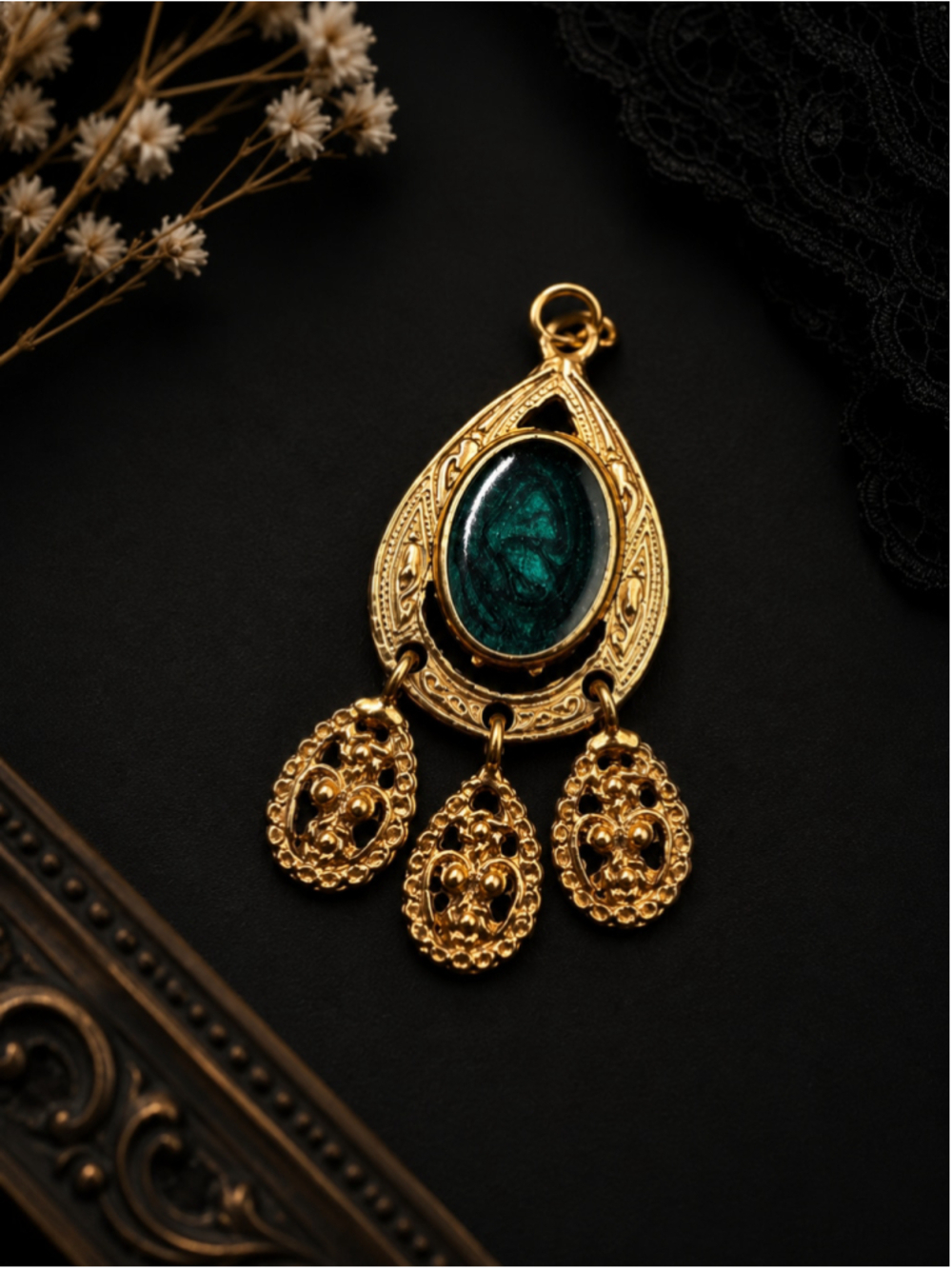 Vintage Gold Tone Faux Malachite Dangle Pendant Ornate Boho Statement Charm
